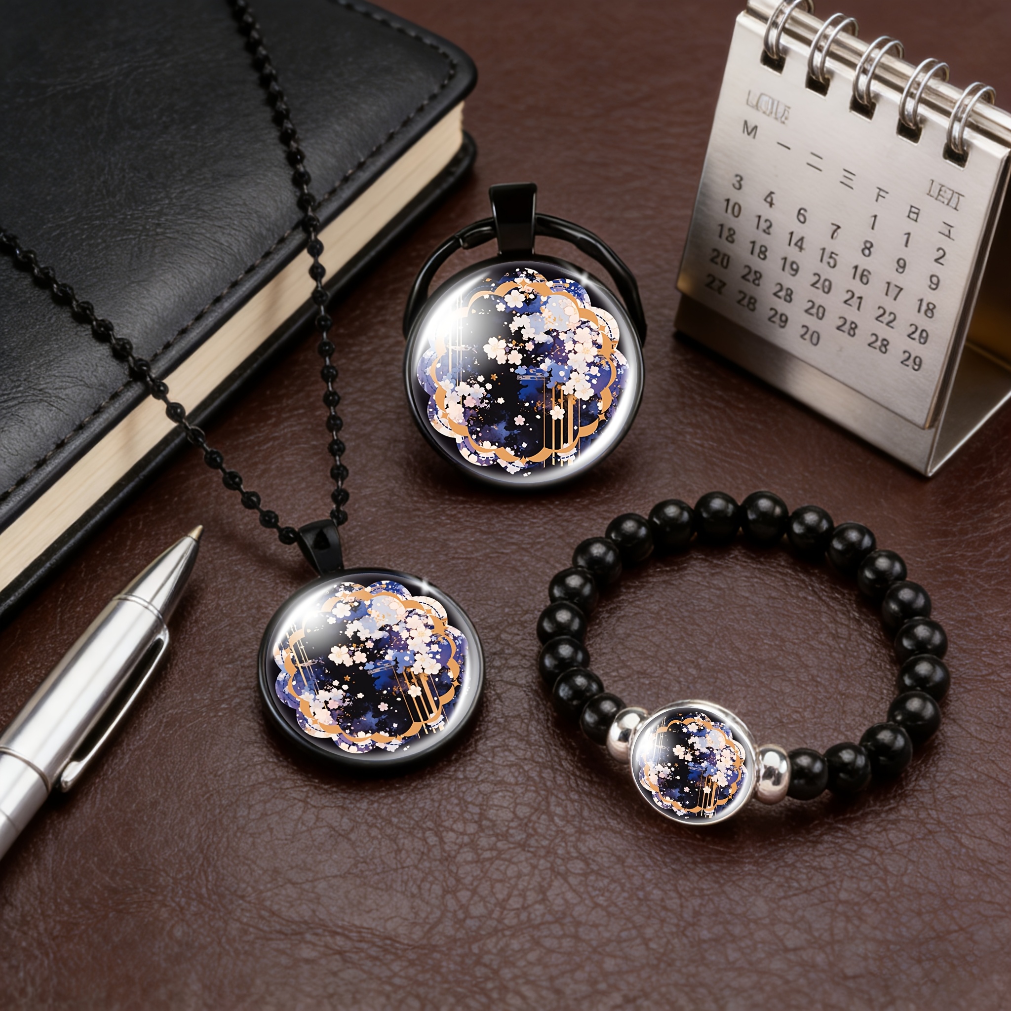 3pc Tropical Floral Jewelry Set, Necklace, Bracelet & Keychain